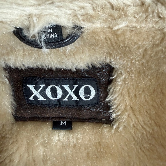 XOXO Womens Genuine Leather Bomber Jacket Brown Faux Fur Trim Aviator M 62051 - Picture 4 of 9